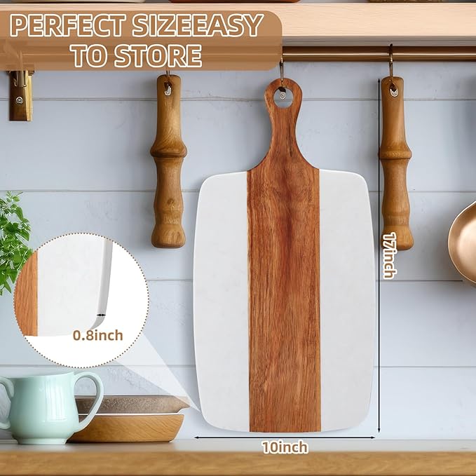 Zubebe 6 Pcs Marble and Wood Cutting Board Acacia Wooden Marble Serving Tray with Handle Charcuterie Chopping Board for Kitchen Christmas Wedding Bridal Shower Gift(17 Inches x 10 Inches)