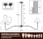 2-Light Modern Linear Chandelier for Dining Room, 55 Inch Farmhouse Kitchen Island Lighting with White Fabric Shades, Hanging Lighting Fixtures for Living Room Bedroom