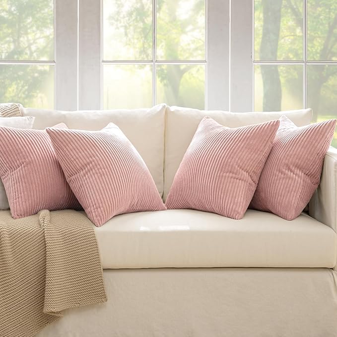MIULEE Boho Farmhouse Throw Pillow Covers 18x18 Inch Set of 4 Mordern Nordic Cushion Covers Soft Corduroy Home Decor for Couch Bed Sofa Living Room Pink