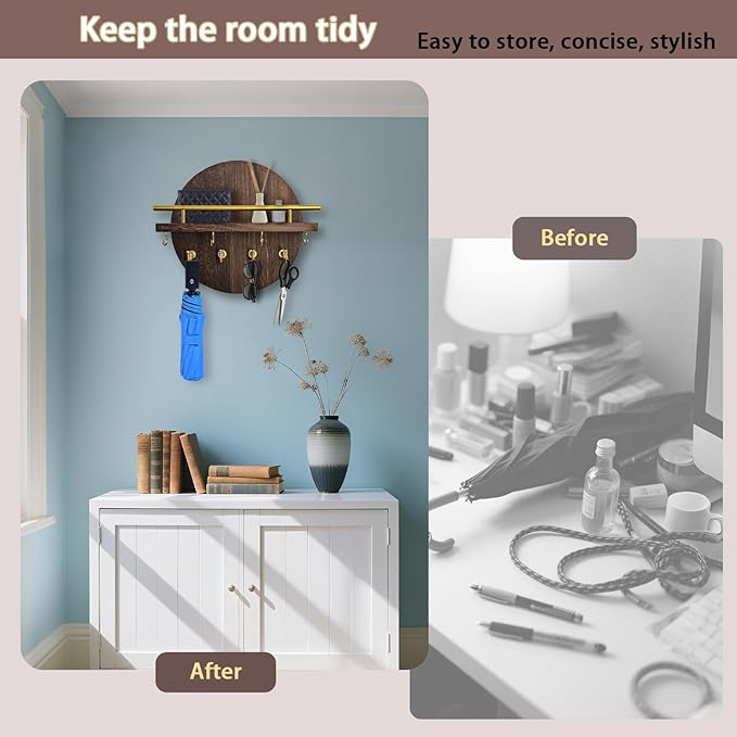 Key Holder Wall Mount with Shelf and Hooks, 11.8 Inch Entryway Gold Key Rack Hanger, Rustic Key Holder for Wall Decor