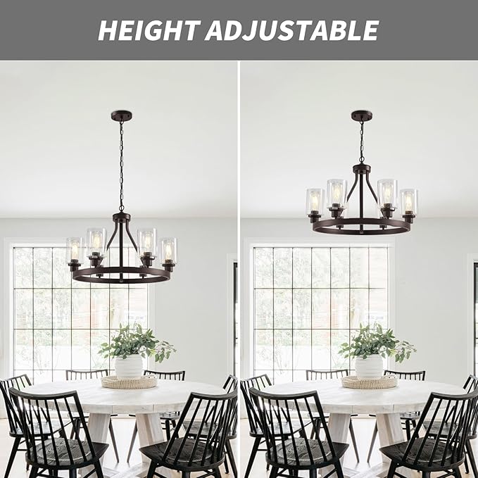 6-Light Farmhose Chandelier for Dining Room Light Fixture Oil Rubbed Bronze Kitchen Pendant Light Round Rustic Ceiling Hanging Lighting with Glass Globes Adjustable Height Metal E26