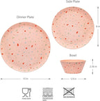 Bzyoo 12-Piece Melamine Dinnerware Set - Confetti Pink Plates and Bowl Lightweight BPA-Free Dishwasher Safe Dish Set for Indoor & Outdoor Use - Perfect for Camping, BBQs, Kids Parties