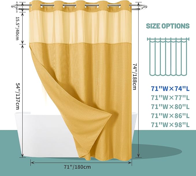 Gold No Hook Waffle Weave Shower Curtain with snap-in Liner Replacement, 230GSM Waterproof Fabric Hotel Shower Curtain Set for Bathroom, Through Mesh Top Window,71Wx74H