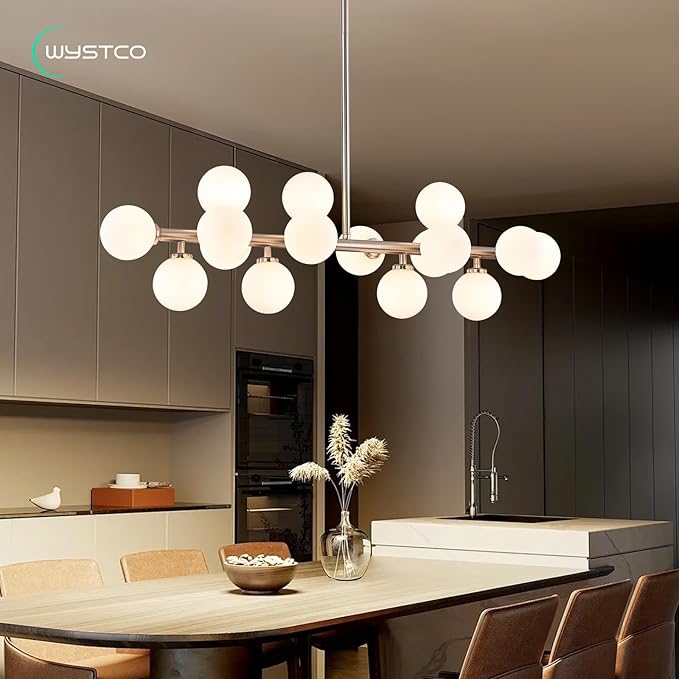 16-Light Globe Sputnik Chandelier, Mid Century Modern Light Fixture Over Table, Nickel Linear Chandeliers for Dining Room and Kitchen Island (Milk White Glass Bubble Shades, 40 Inch)