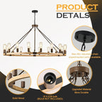 Farmhouse Wagon Wheel Chandelier 47" Wooden Rustic Light Fixtures 18-Light Wood Round Chandelier for Foyer Living Room Entryway Dining Room