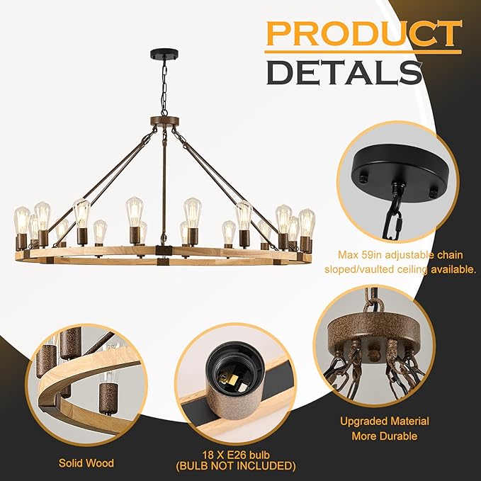 Farmhouse Wagon Wheel Chandelier 47" Wooden Rustic Light Fixtures 18-Light Wood Round Chandelier for Foyer Living Room Entryway Dining Room