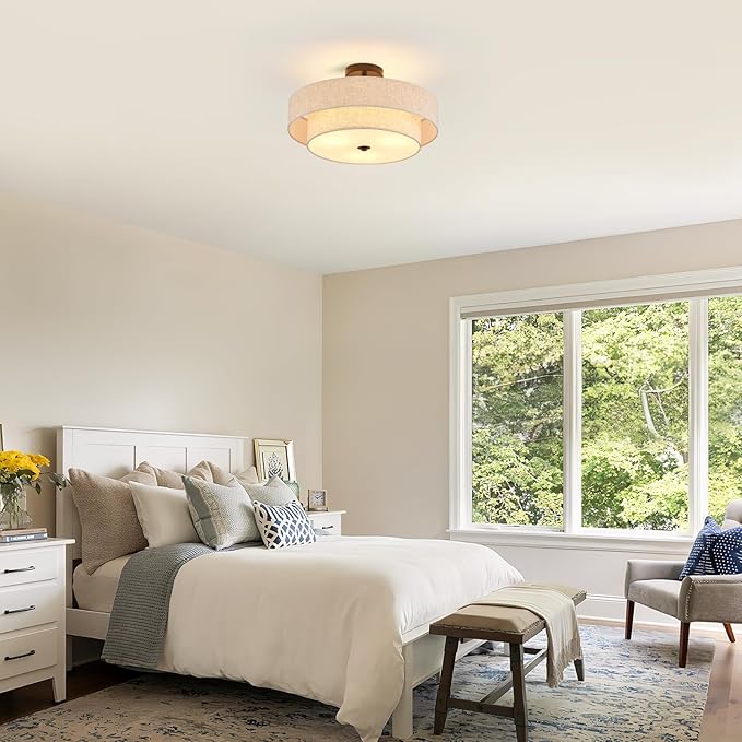 Modern Semi Flush Mount Ceiling Light 18" Modern 3-Lights Black Drum Ceiling Lighting Fixture with Linen Shade Vintage Ceiling Lamp for Kitchen, Basement, Laundry Room, Bedroom