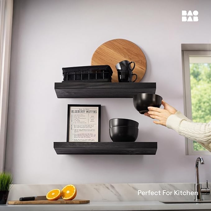 BAOBAB WORKSHOP Solid Wood Floating Shelves for Wall 20 Inch Wide, Wooden Bathroom Shelves for Room Wall, Heavy Duty Shelf Mounted Kitchen Bedroom Rustic Farmhouse, Black Shelf, 20W × 6.7D, Set of 2