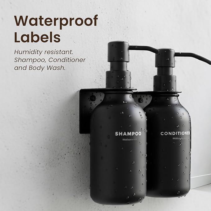 MaisoNovo Shampoo and Conditioner Dispenser - Shower Soap Dispenser Wall Mounted - 16.9 fl oz Set of 2 Black Plastic Bottles Black Pumps - 2 Chamber No Drill