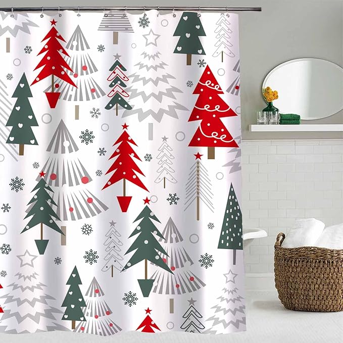 Christmas Shower Curtain Merry Xmas Tree Shower Curtains Sets Winter Farmhouse Holiday Polyester Waterproof Fabric Washable Decorative Bathroom Curtain 72" x 72" with 12 Hooks