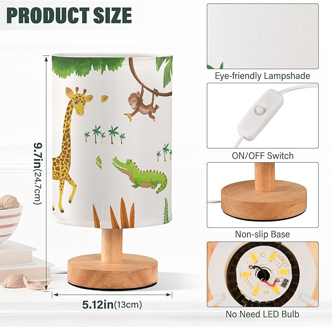 Table Lamp African Animal Giraffe Crocodile Monkey Palm Tree Jungle Leaf Nightstand Lamp with Wood Base Fabric Lamp Shade Bedside Desk Lamp for Living Room Bedroom Kids Room Office
