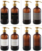 16oz Glass Soap Dispenser with Stainless Steel Pump, 21 Waterproof Labels, Non-Slip Protective Silicone Pad, Set of 2 for Bathroom & Kitchen (Amber Bottle/Brushed Gold Pump)