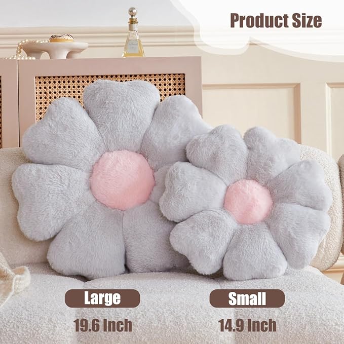 Flower Pillow, Light Grey Daisy Flower Decorative Pillows for Bed, Cute 19.6" Flower Shaped Pillow with Soft Faux Rabbit Fur Dorm Home Decor Floor Seating Cushion