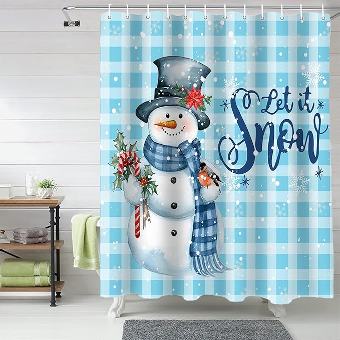 Snowman Christmas Shower Curtain, Let It Snow Winter Holiday Shower Curtains Set with Hooks, Blue White Buffalo Plaid Waterproof Fabric Bathroom Curtains Decor Home Accessories,72 X 78 Inch Long