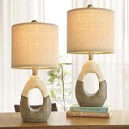 OYEARS 19” Boho Table Lamps Bedroom Living Room Set 2,Suitable for Small Space,Small Farmhouse RattanTable Lamp Rustic Egg Design Resin Light Decoration,Nightstand Bedside Lamps for Office Study Rest