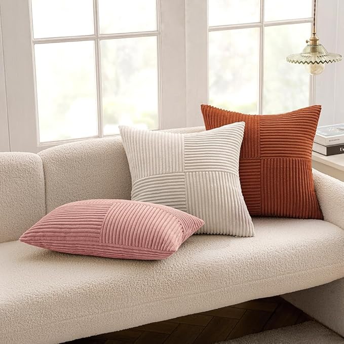 MIULEE Dark Rust Corduroy Pillow Covers Pack of 2 Boho Fall Decorative Spliced Throw Pillows Soft Cross Patchwork Textured Pillowcases Home Decor for Living Room Bed Sofa 14x24 inch
