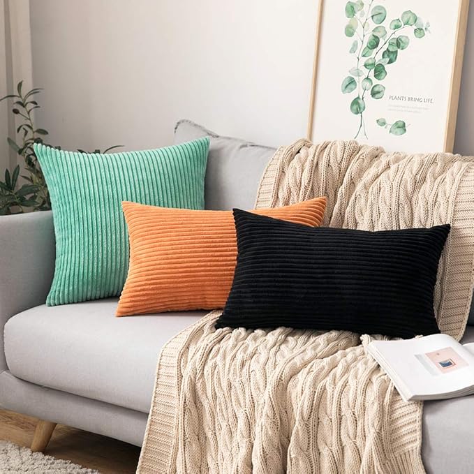 MIULEE Winter Pack of 2 Corduroy Pillow Covers 12 x 20 Inch Lumbar Throw Pillow Covers Black Pillowcases for Sofa Bedroom Couch
