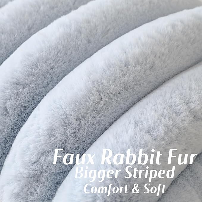 FUTEI Light Blue Decorative Throw Pillow Covers 26x26 Inch Set of 2, Square Soft Faux Rabbit Fur Big Striped Pillow Sham,Home Decor for Couch Sofa Bed Living Room
