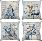 Christmas Throw Pillow Covers 18x18 Set of 4,Merry Christmas Tree Reindeer Sleigh Snowman Blue and White Xmas Winter Holiday Decorative Pillowcase Farmhouse Home Decor for Sofa Couch Cushion