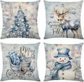 Christmas Throw Pillow Covers 20x20 Set of 4,Merry Christmas Tree Reindeer Sleigh Snowman Blue and White Xmas Winter Holiday Decorative Pillowcase Farmhouse Home Decor for Sofa Couch Cushion