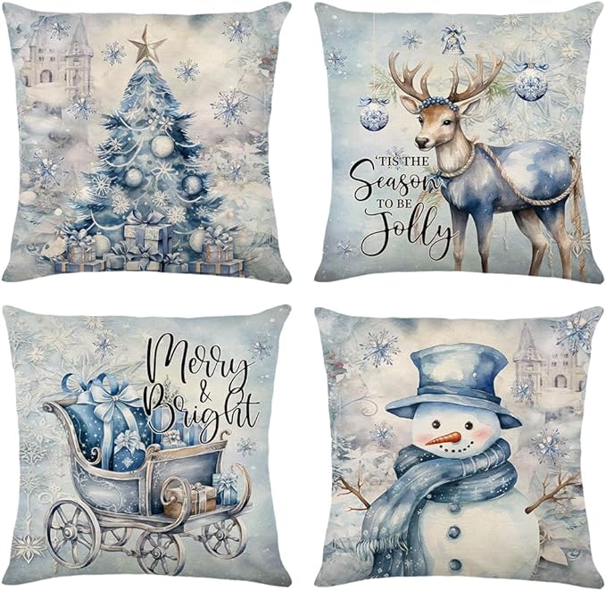 Christmas Throw Pillow Covers 20x20 Set of 4,Merry Christmas Tree Reindeer Sleigh Snowman Blue and White Xmas Winter Holiday Decorative Pillowcase Farmhouse Home Decor for Sofa Couch Cushion