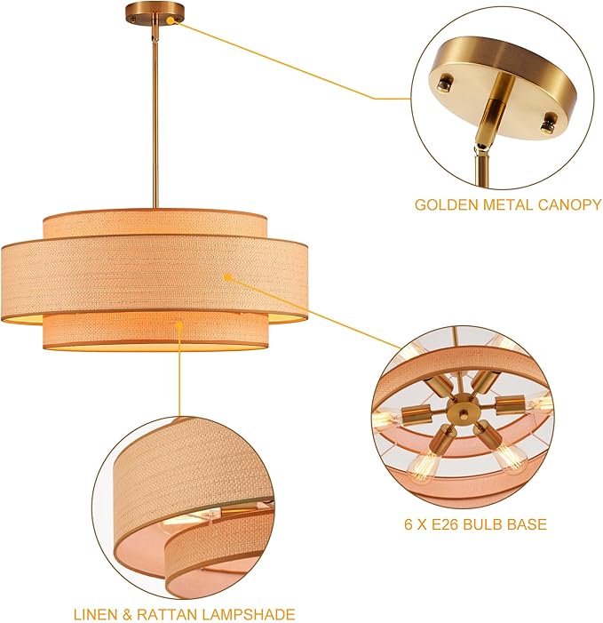 Farmhouse 23.6" Large Drum Rattan Chandelier 6-Lights Vintage Boho Rattan Chandelier Retro Vintage Bamboo Drum Chandeliers for Dining Room, Kitchen Island, Living Room, Bedroom