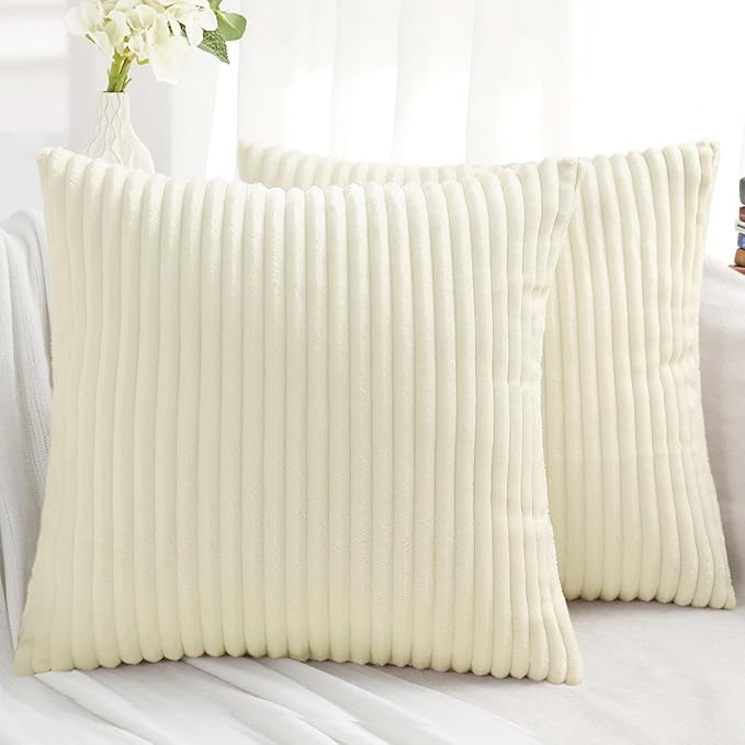 Simmore Decorative Fall Throw Pillow Covers 20x20 Set of 2, Soft Natural Plush Flannel Double-Sided Fluffy Couch Pillow Covers for Sofa Living Room, Beige