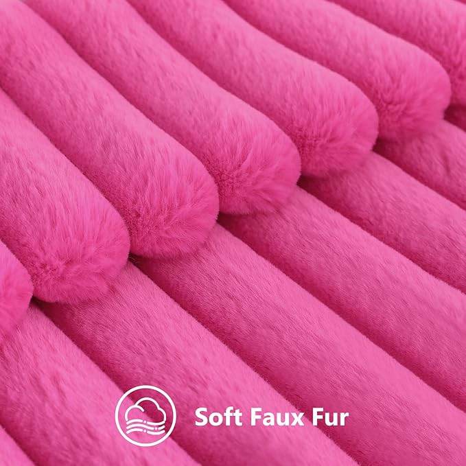 decorUhome Faux Fur Throw Pillow Covers 18x18 Set of 2, Decorative Soft Plush Striped Neutral Couch Euro Pillow Covers with Velvet Back for Sofa, Bed, Living Room Home Decor, Hot Pink