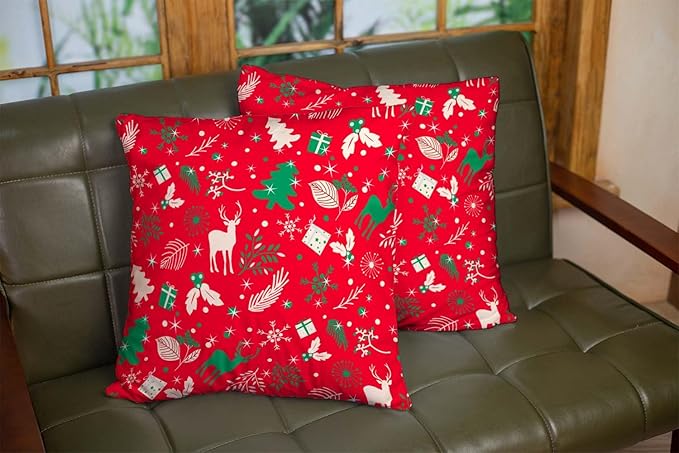 CAPSCEOLL 2PCS Red Pillow Cover 20X20Inch Green Christmas Reindeer Branch Cute Deer Floral Foliage Pine Tree Snowflake Standard Pillow Covers for Bedroom Sofa Living Room