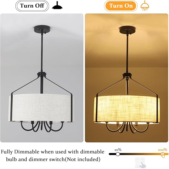 18'' Black Drum Chandelier for Dining Room Light Fixture 5-Light Modern Farmhouse Chandelier with Beige Linen Fabric Lampshade Large Drum Pendant Light Fixture for Kitchen Living Room Bedroom