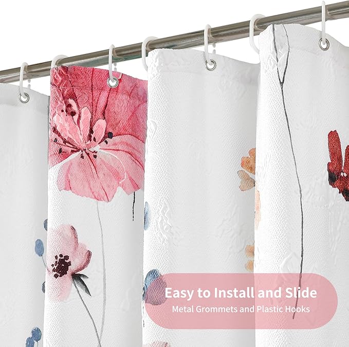 QiyI Watercolor Floral Shower Curtain, 3D Embossed Butterflies Peach Pink Flower Bathroom Curtain, Minimalist White Cloth Bath Curtain, Waterproof Fabric Textured Shower Curtain Set with Hooks, 72x72