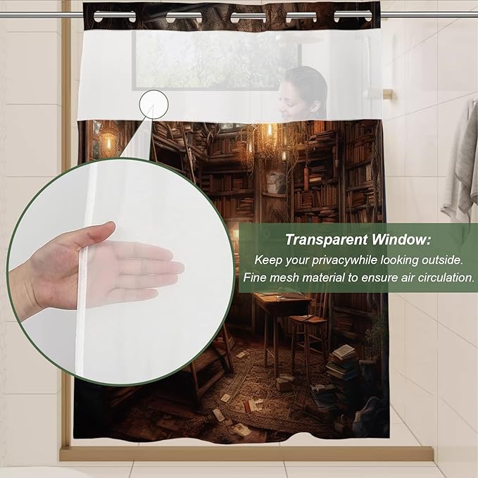 Antique Room for Study Theme Vintage Medieval Library Shower Curtain with Snap in Fabric Liner Set, Detachable Liner, See Through Mesh Top Window, Waterproof Washable 72" W x 74" H