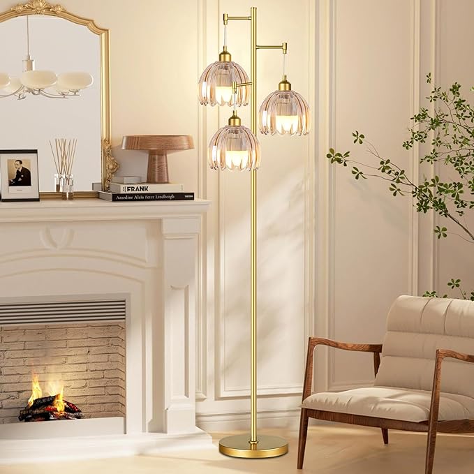 Gold Floor Lamps for Living Room Bedroom-3 Light Glass Floor Lamp with Three Led Bulb, Rustic Tall Floor Lamp Gold Standing Lamp Tree Floor Lamps for Living Room Bedroom,Office,Corner
