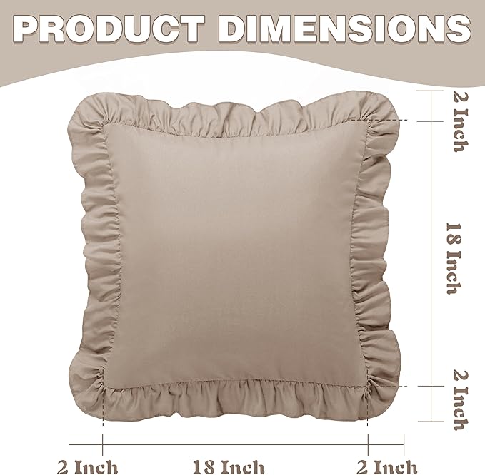 KKJIAF Ruffle Pillow Cases 18x18 Inches, Khaki Square Ruffled Pillow Covers Set of 2, Microfiber Wrinkle Resistant Pillow Shams with Envelope Closure for Sofa Bed Living Room