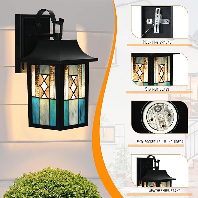 WL0011 Tiffany Style Outdoor Light Fixutres Stained Glass Wall Sconce Exterior Waterproof Wall Lantern Light Fixture for Balcony Aisle Hallway W 7X D 6 x H 12 Inches, Bulb Included (Aurix)
