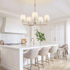 Farmhouse Chandelier, Gold Modern Dining Room Light Fixture with White Fabric Shade, 5-Light Height Adjustable Industrial Pendant Island Light Fixture for Foyer Entryway Hallway Kitchen Bedroom