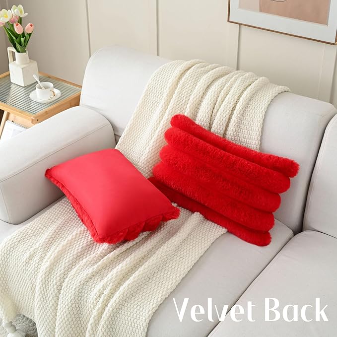 FUTEI Red Decorative Throw Pillow Covers 12x20 Inch Set of 2, Square Soft Faux Rabbit Fur Big Striped Cushion Cover,Home Decor for Couch Sofa Bed Living Room
