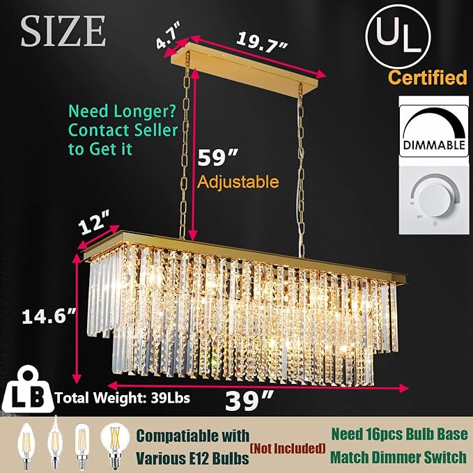 Modern Gold Crystal Chandelier, 39" Rectangle Oval Linear Pendant Light Fixture for Dining Room, Kitchen Island, Living Room, Bar