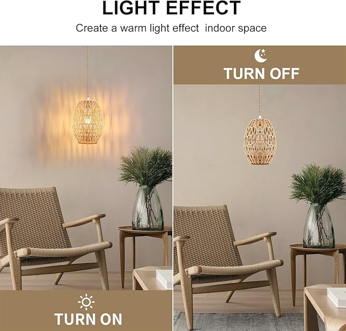 2-Light Rattan Pendant Light, Boho Chandelier Light Fixture, Small Wicker Light Fixture, Wicker Chandelier, for Bedroom Kitchen Island, ETL Listed