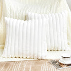 Throw Pillow Covers Decorative Faux Fur Set of 2 18x18 Inch Pillow Covers, Soft Cream White Striped Pillowcases for Couch Sofa Bed Living Room, Fluffy Cute Home Boho Accent Fuzzy Decor