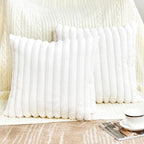 Throw Pillow Covers Decorative Faux Fur Set of 2 16x16 Inch Pillow Covers, Soft Cream White Plush Striped Pillowcases for Couch Sofa Bed Living Room, Fluffy Cute Home Boho Accent Fuzzy Decor