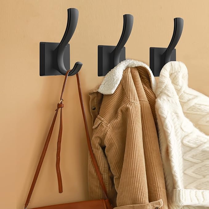 Black Towel Hooks, Coat Robe Hooks Bathroom Entryway Mudroom Pool Hooks for Wall Mount Hanging Towels Bathrobe Key Hat Backpack (2 Pack, Black)