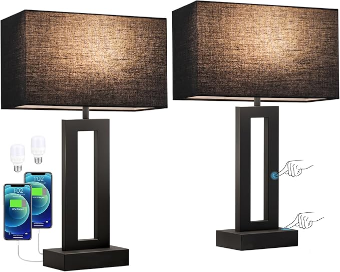 Seealle Nightstand Table Lamps for Bedrooms Set of 2 - Touch Bedside Lamp with USB C+A, 3 Way Dimmable Living Room End Tables 2, Modern Night Stand Bed Side Guest Room(Black) E. Black