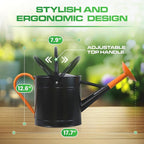 Plexon 1 Gallon Metal Watering Can Outdoor, Flower Plant Gardening Garden Large Watering Can Pot Pitcher, Steel Orange Handles and Removable Spray Spout, Black