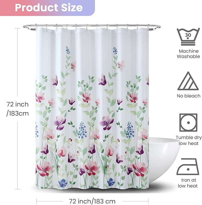 Watercolor Floral Shower Curtain, Green Pink Purple Blue Flower Shower Curtains for Bathroom, Modern White Waterproof Fabric Bath Curtains, 72" W x 72" H
