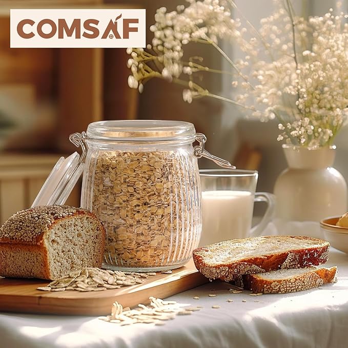 ComSaf Airtight Glass jar with lid 25oz Set of 6, Glass Storage Containers with Lids, Glass Canister, Mason Jars, Striped Clip Fastening Jar for Kitchen Canning, Oat, Coffee, Pasta, Snack, Nut, Candy