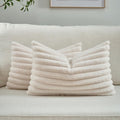 FUTEI Beige Striped Decorative Throw Pillow Covers 12x20 Inch Set of 2,Rectangle Spring Decorations Couch Lumbar Pillowcase,Soft Cozy Faux Rabbit Fur & Velvet Back,Modern Home Decor for Bed
