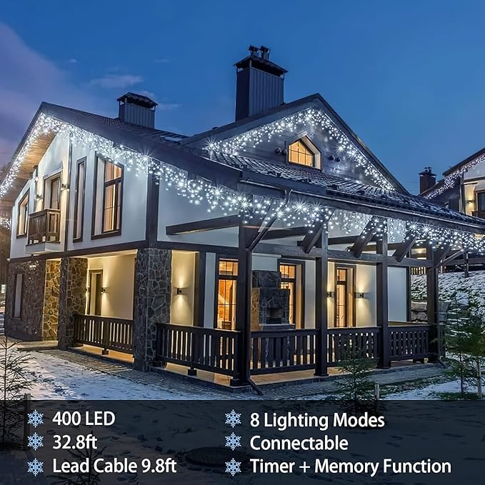 32.8ft 400 LED Icicle String Lights, 8 Modes Waterproof Icicle Christmas Lights Outdoor with Memory Function, Curtain Fairy Lights Hanging Decor for Home, Party, Christmas & Halloween (Cool White)