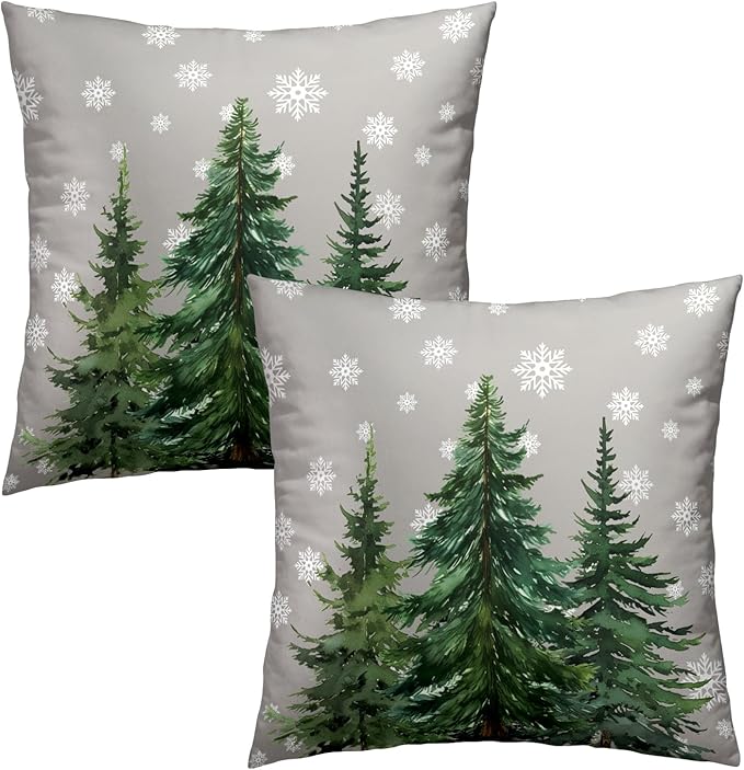 Christmas Pillow Covers 22x 22 Inch Pack of 2,Grey Xmas Tree Snow Winter Decorative Cotton Square Throw Pillowcases,Christmas Decor for Bedroom Sofa Couch Cushion