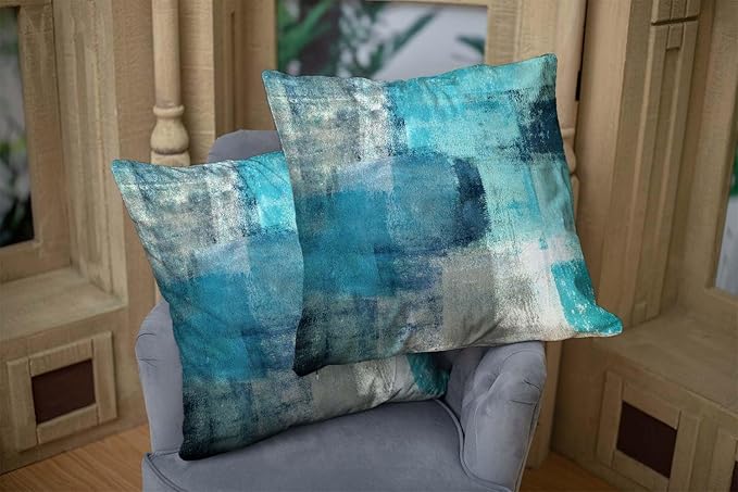 CAPSCEOLL Turquoise and Grey Art Artwork Throw Pillow Covers,Decorative Throw Pillow Covers 16 X 16 Inches Set of 2 Pillow Cases Decorative,Abstract Oil Painting Pillowcases for Bedroom,Living Room